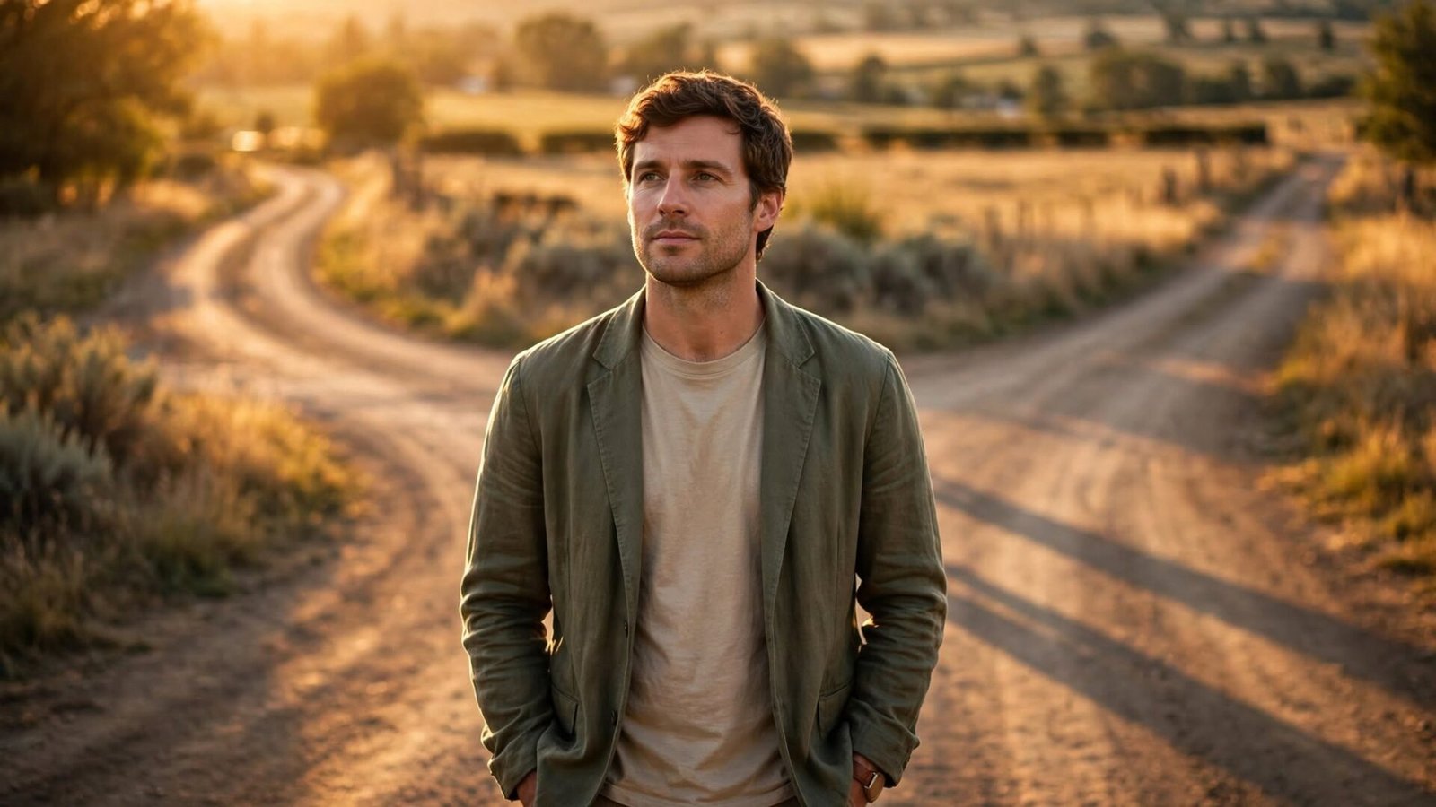 A man standing calmly at a countryside crossroads in golden afternoon light, representing the quiet confidence needed to make difficult life decisions without fear.