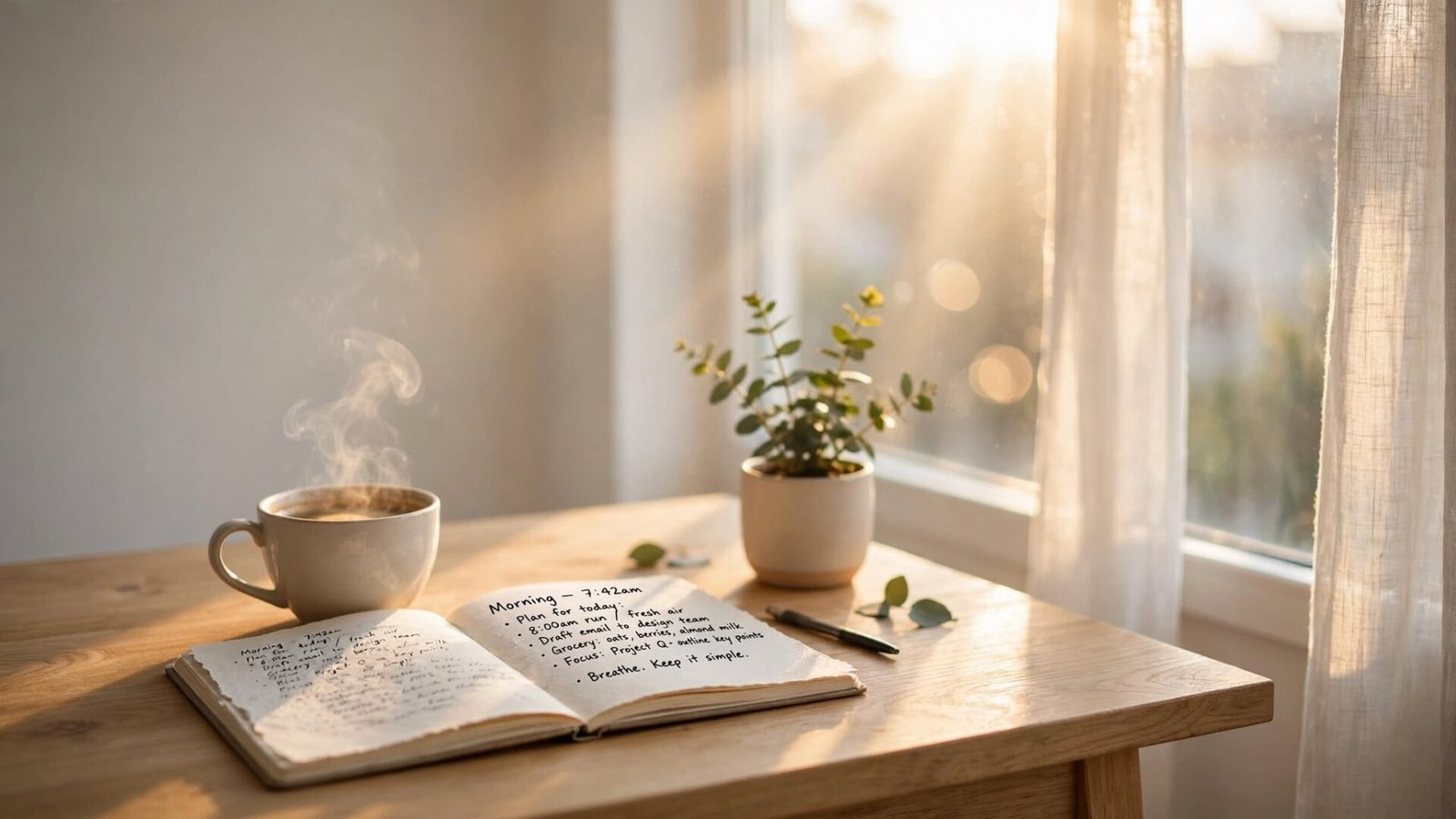 "A peaceful morning routine setup with journal, coffee, and indoor plants in natural sunlight"