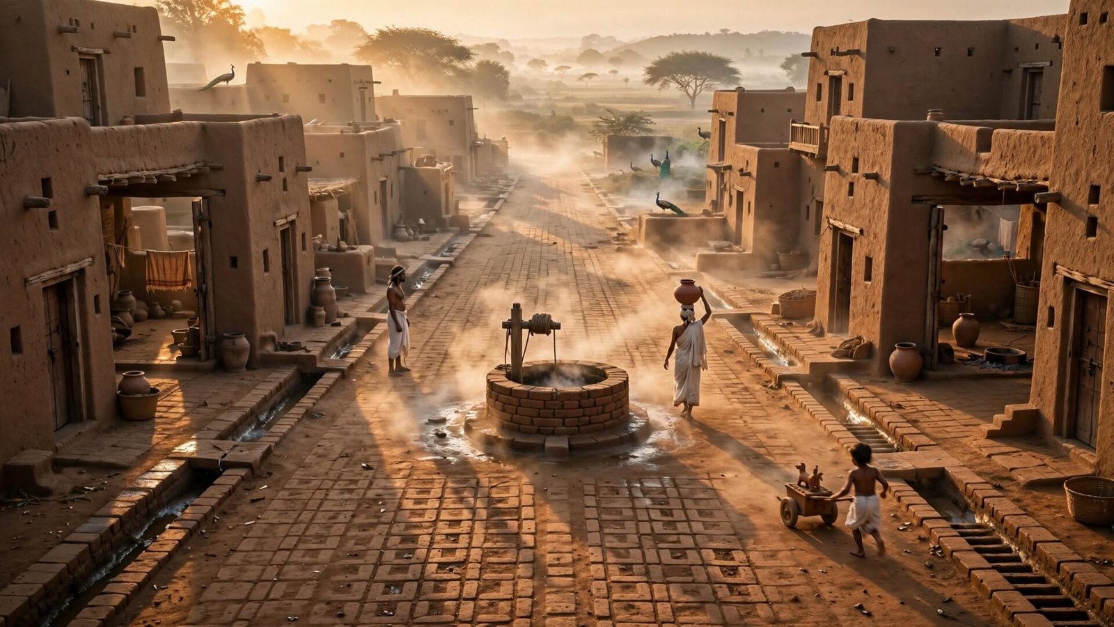 A reconstructed view of an ancient Harappan city street at dawn, showing uniform brick houses, a central water well, drainage channels, and citizens in cotton garments going about their morning routine in the Indus Valley civilization circa 2500 BCE.