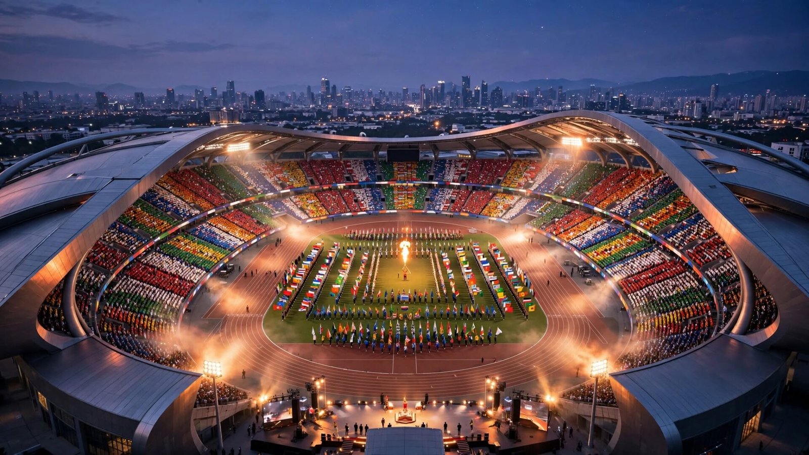 Aerial view of a packed Asian Games opening ceremony stadium at dusk, with hundreds of athletes from 45 nations marching on the field carrying national flags beneath a blazing ceremonial torch, representing over 70 years of Asian sporting history.