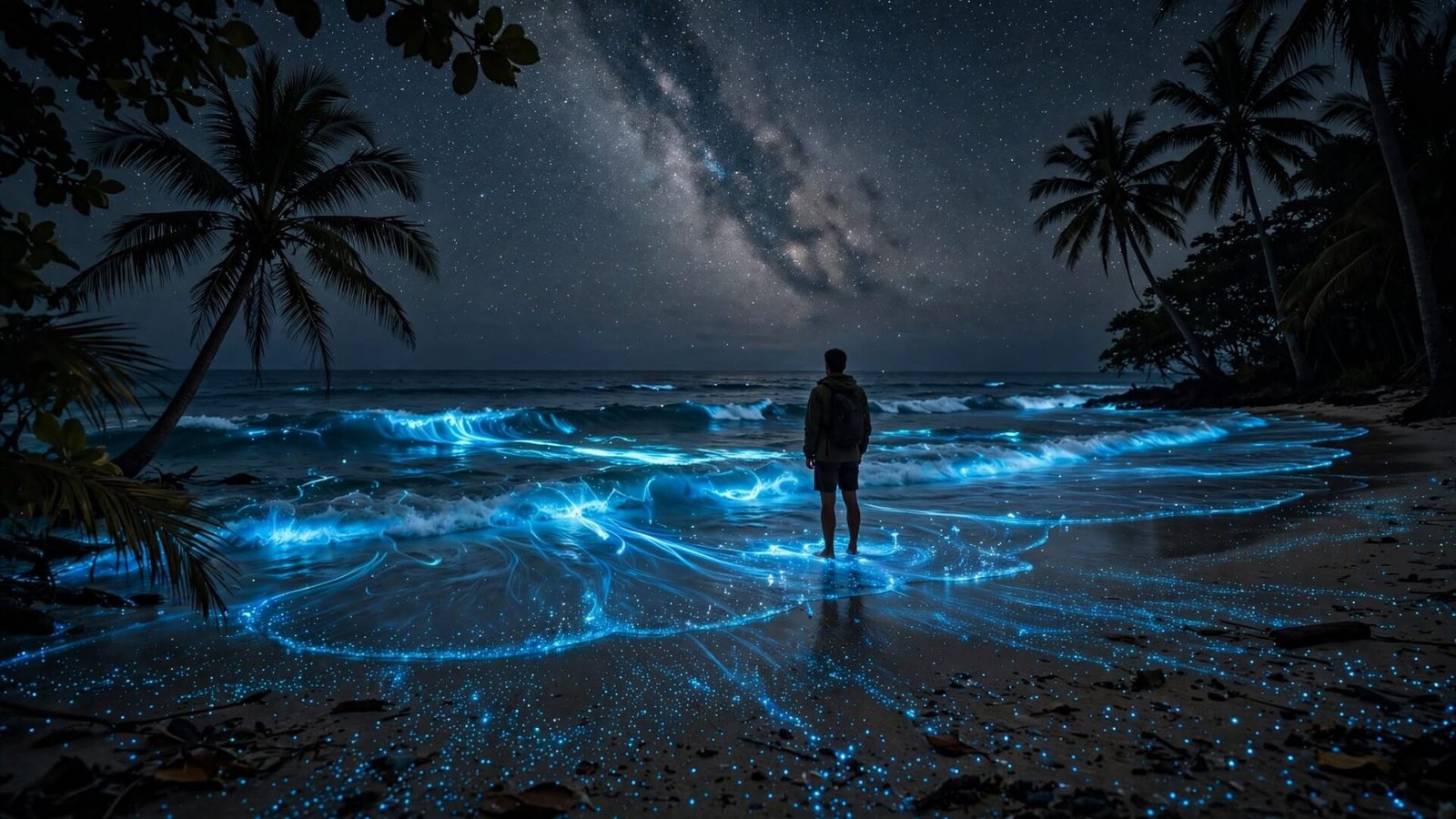A lone traveler stands in glowing bioluminescent ocean water at night, surrounded by electric-blue waves lit by plankton, under a star-filled sky on a tropical beach.