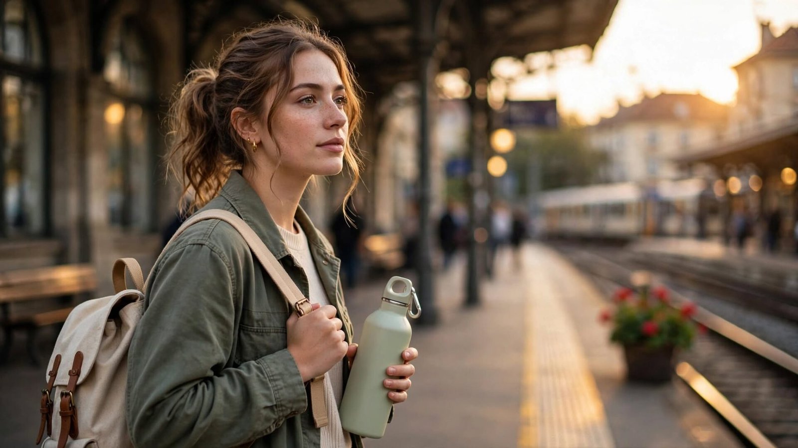Traveler with reusable water bottle standing at train station during golden hour, representing eco-friendly travel in 2026