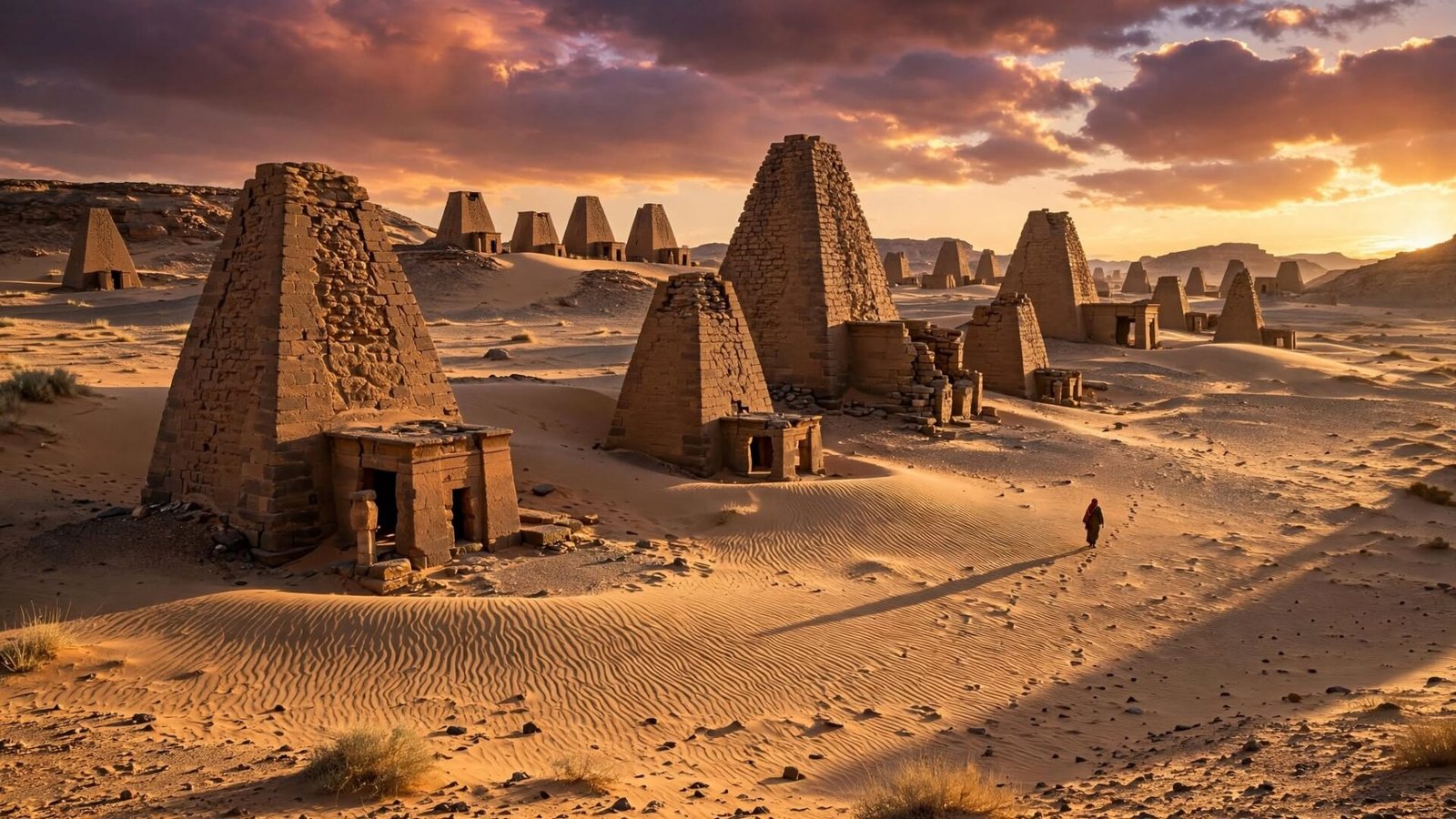 "Ancient Nubian pyramids of Meroë in Sudan at sunset, symbolizing the forgotten Kingdom of Kush"