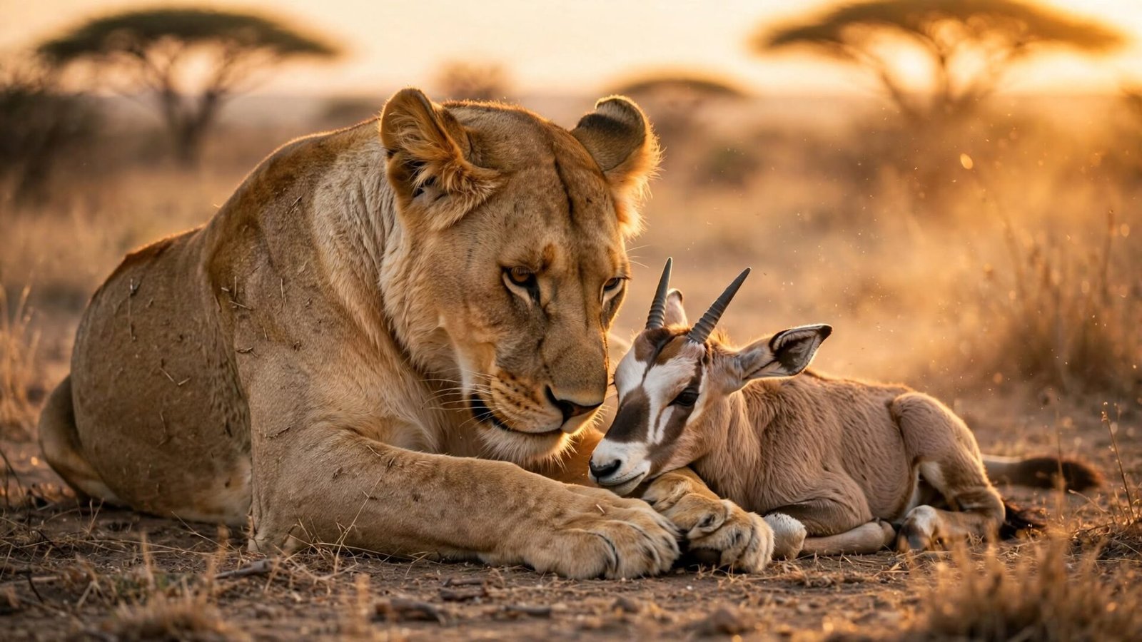 A lioness resting protectively beside an adopted oryx calf in the wild, illustrating rare cross-species animal adoption"