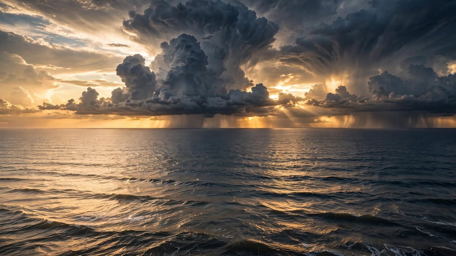 Aerial view of the Pacific Ocean at sunrise with towering storm clouds forming over warm water during El Niño.