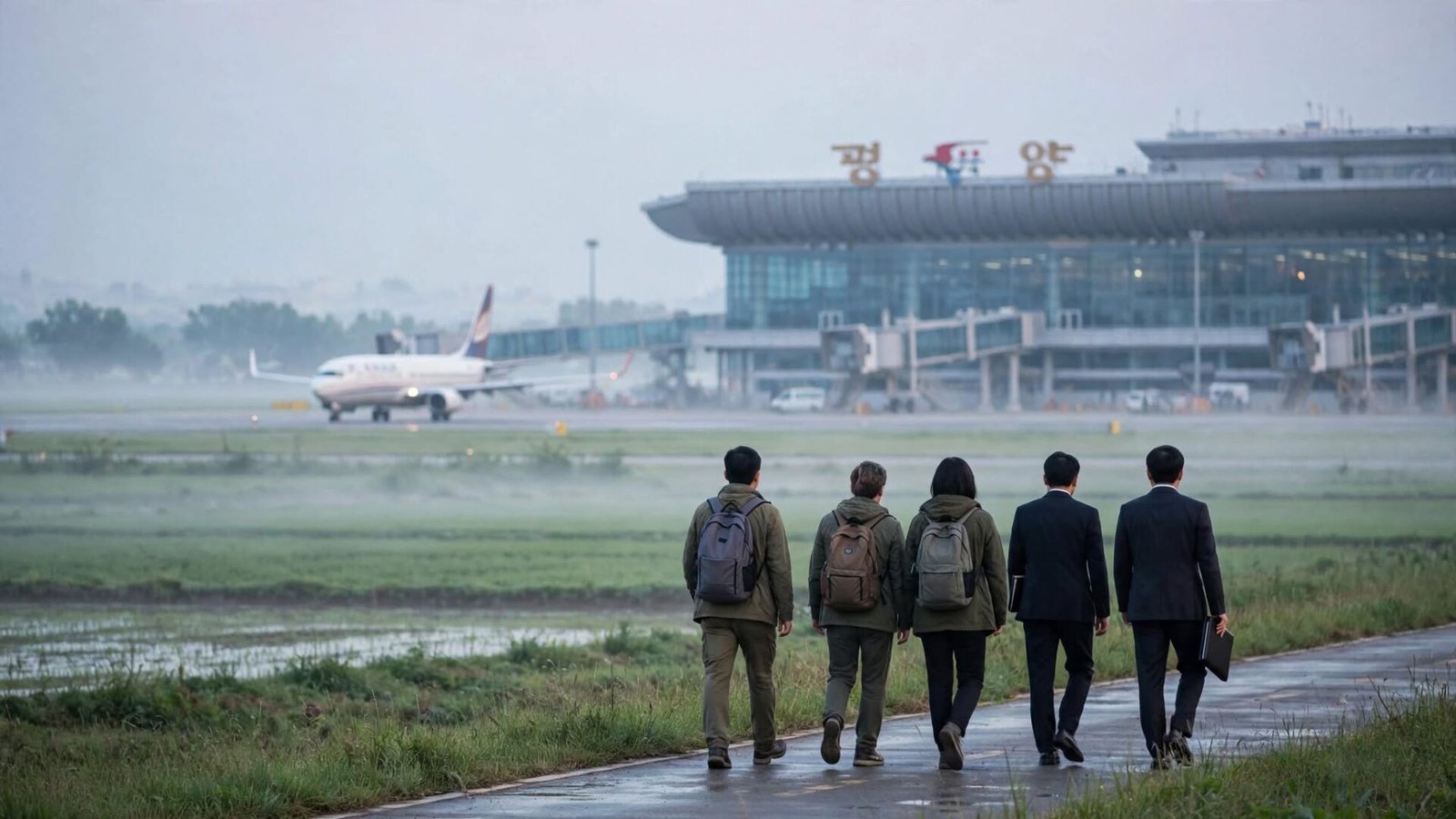 Tourists walking toward the terminal at Pyongyang Sunan International Airport on a misty morning.