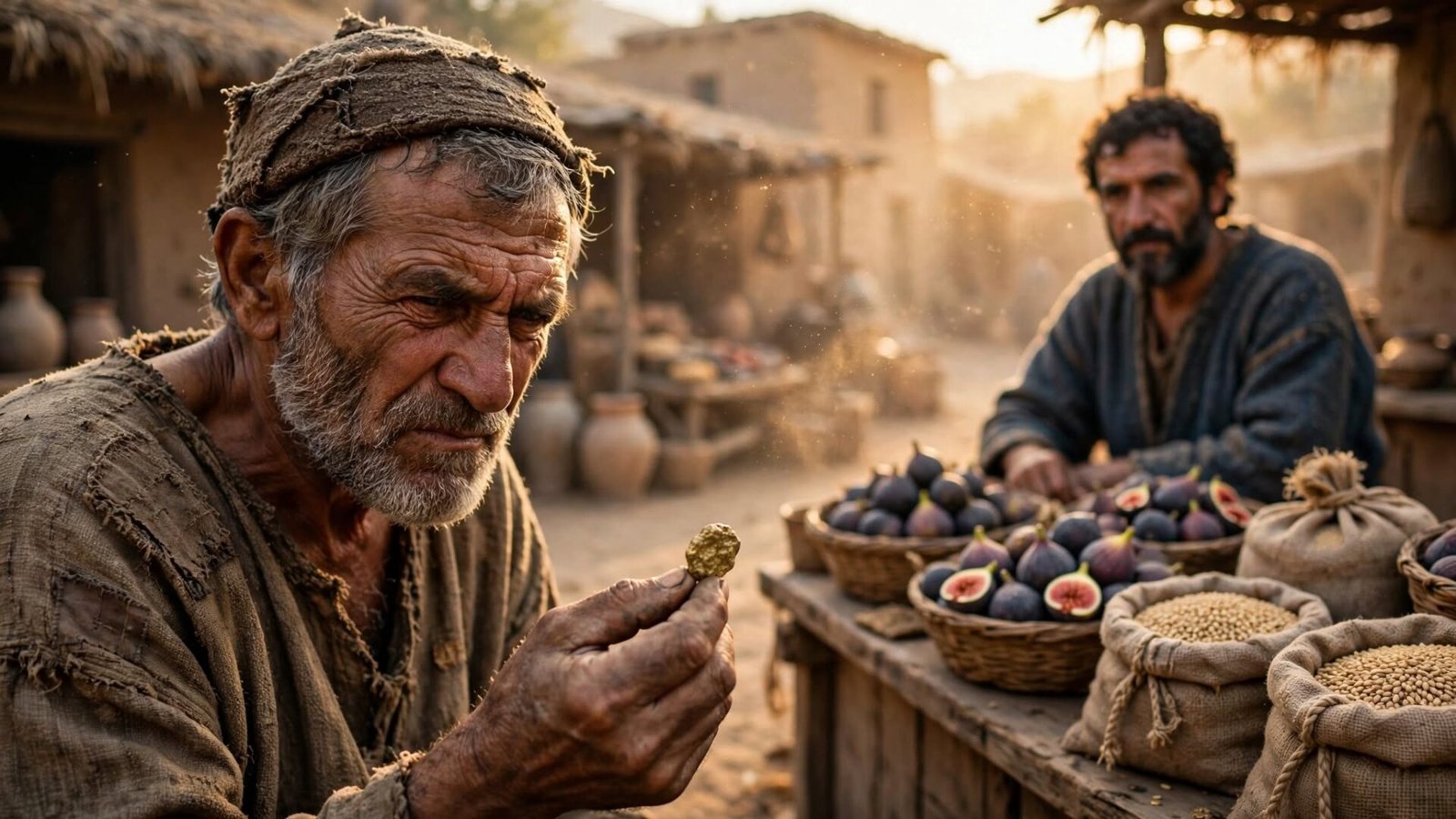 An ancient farmer skeptically examining one of the first electrum coins at a busy market stall.