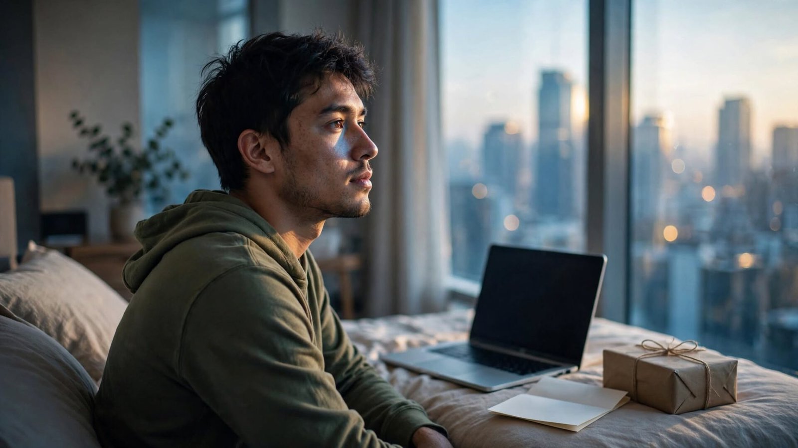 A young man sitting quietly after a big achievement, feeling empty despite getting what he wanted.