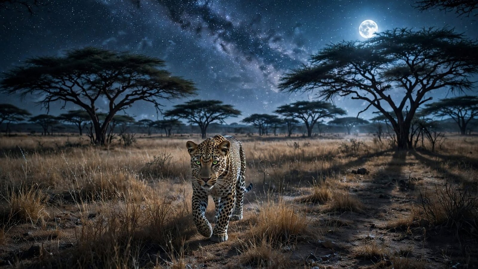 A leopard walking through the moonlit African savanna at night with glowing eyes and the Milky Way visible overhead