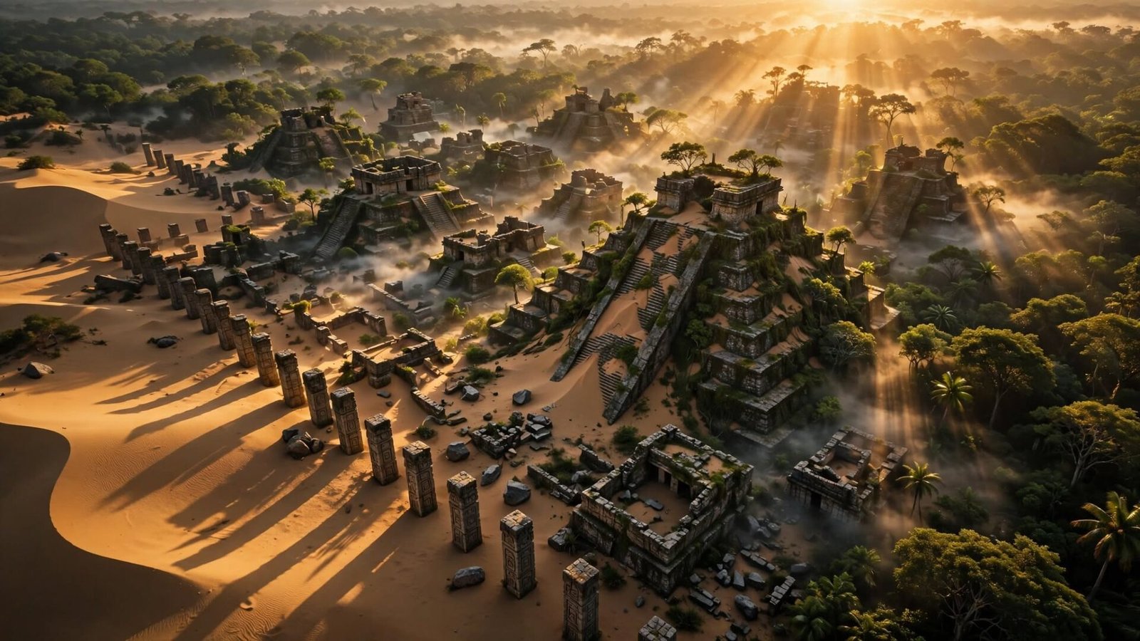 Aerial view of an ancient stone city half-buried under desert sand and jungle, lit by dramatic golden sunset light