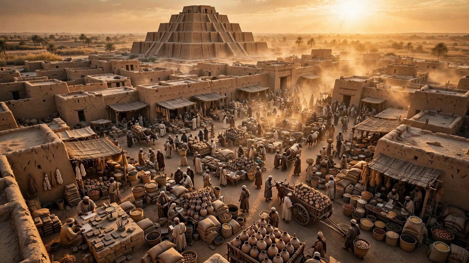 Ancient Mesopotamian marketplace with merchants trading grain and goods in front of a ziggurat temple, representing the earliest economic systems in human history