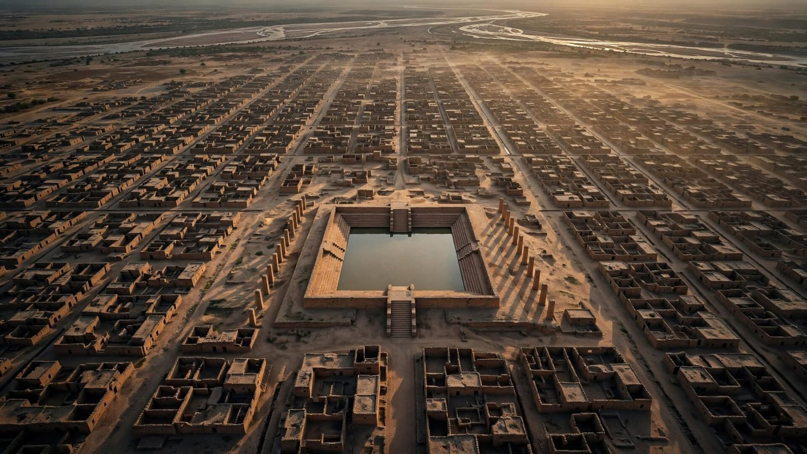 Aerial view of the ancient city of Mohenjo-daro with grid-pattern streets and the Great Bath, representing the Indus Valley Civilization's remarkable urban planning without kings or rulers.