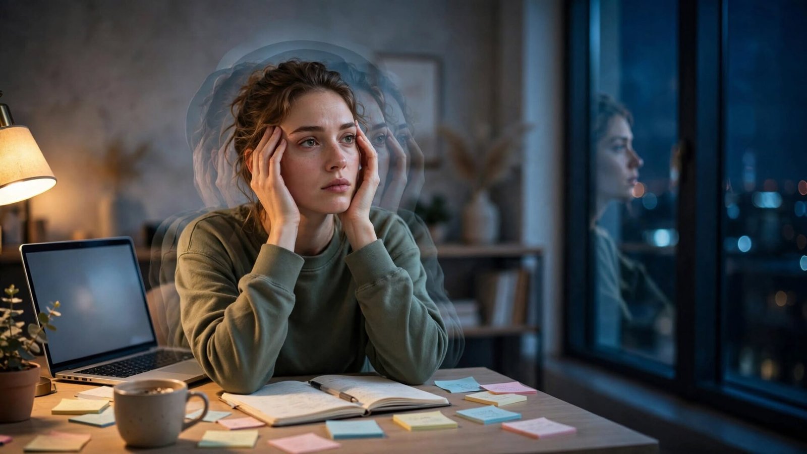 Young adult sitting at a desk late at night, feeling mentally overwhelmed by repetitive thoughts and overthinking.