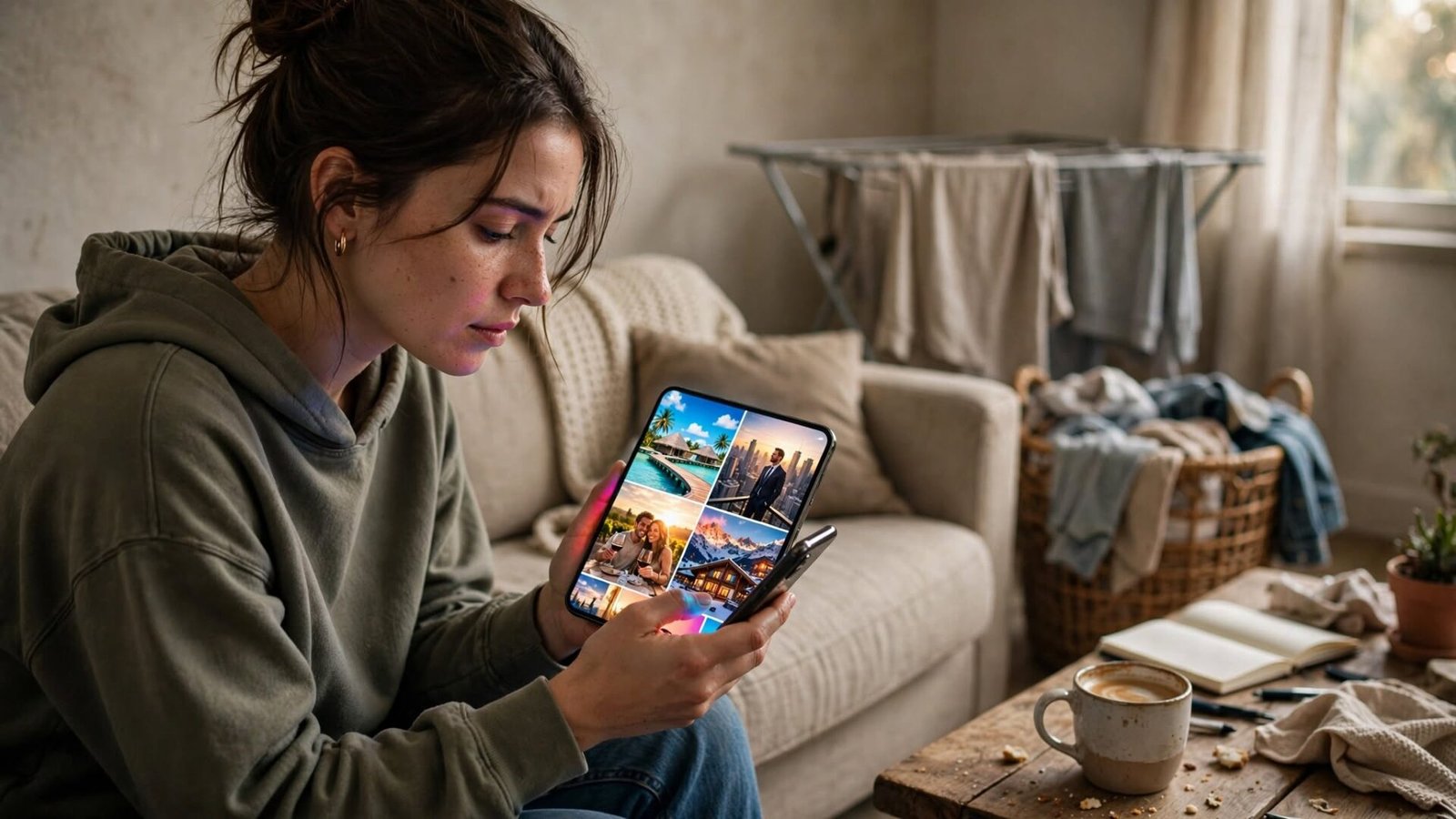 “Person comparing their everyday life to polished social media posts while scrolling on a smartphone at home.”