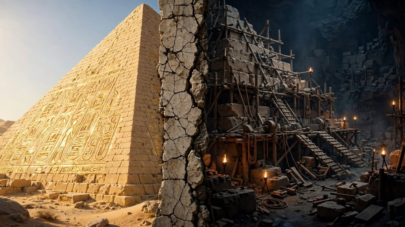 "Split image showing the glorious exterior of the Egyptian pyramid contrasted with the dark enslaved labor force behind its construction — representing the hidden dark side of ancient civilizations."