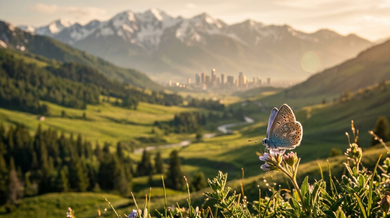 A small blue butterfly on a wildflower in a green mountain valley with a city skyline in the distance, symbolising the COP17 biodiversity summit