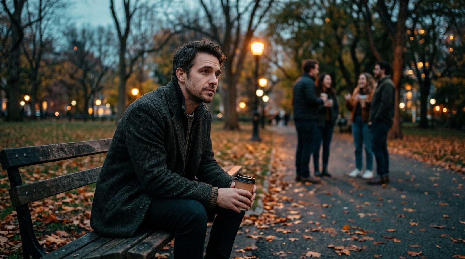Man sitting alone on a park bench at dusk while a group of friends laughs in the background, illustrating male loneliness.
