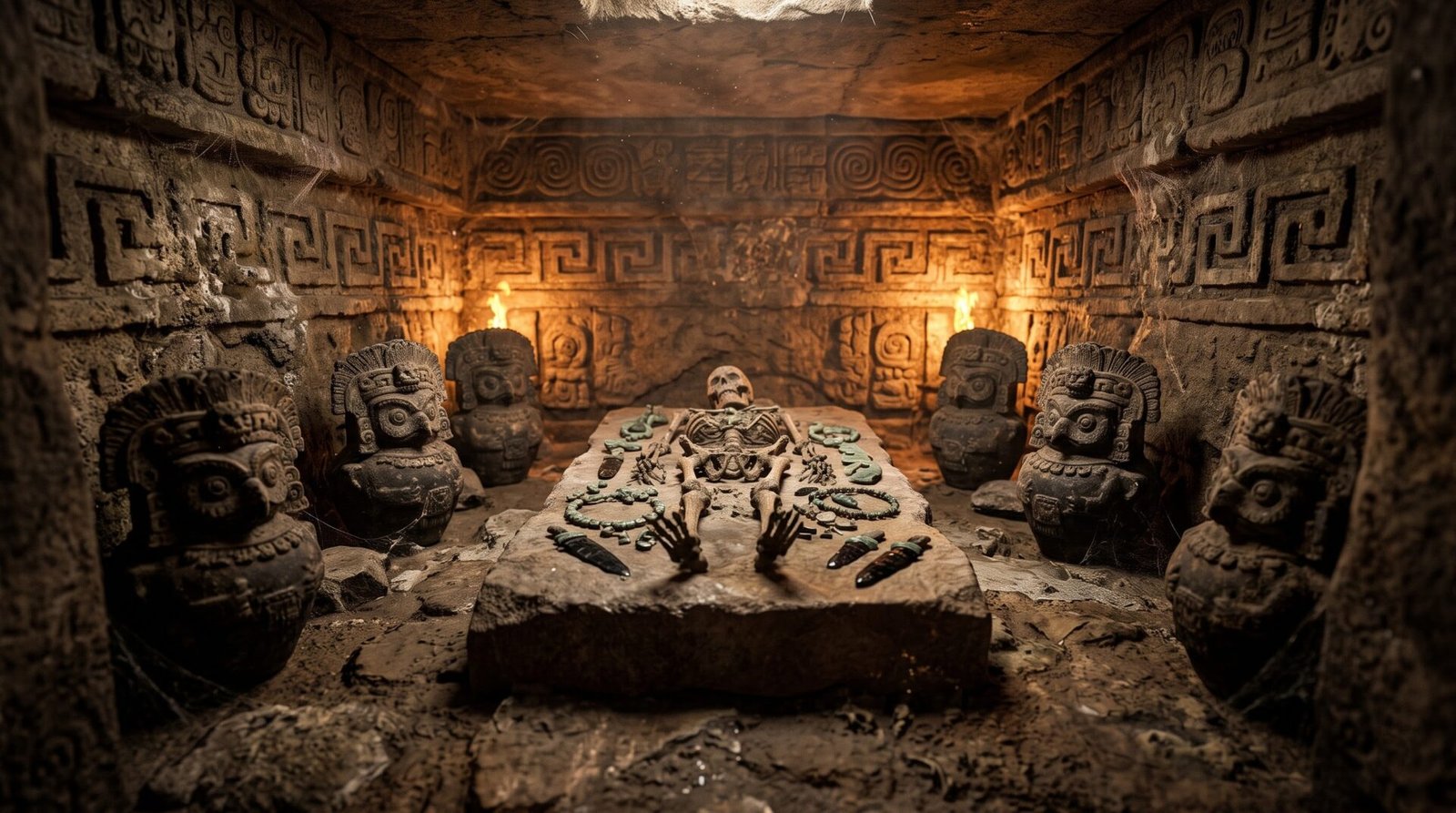 Interior of a 1,400-year-old Zapotec burial tomb in Oaxaca, Mexico, showing skeletal remains surrounded by owl-decorated ceramic urns, jade ornaments, and obsidian blades in amber torchlight.