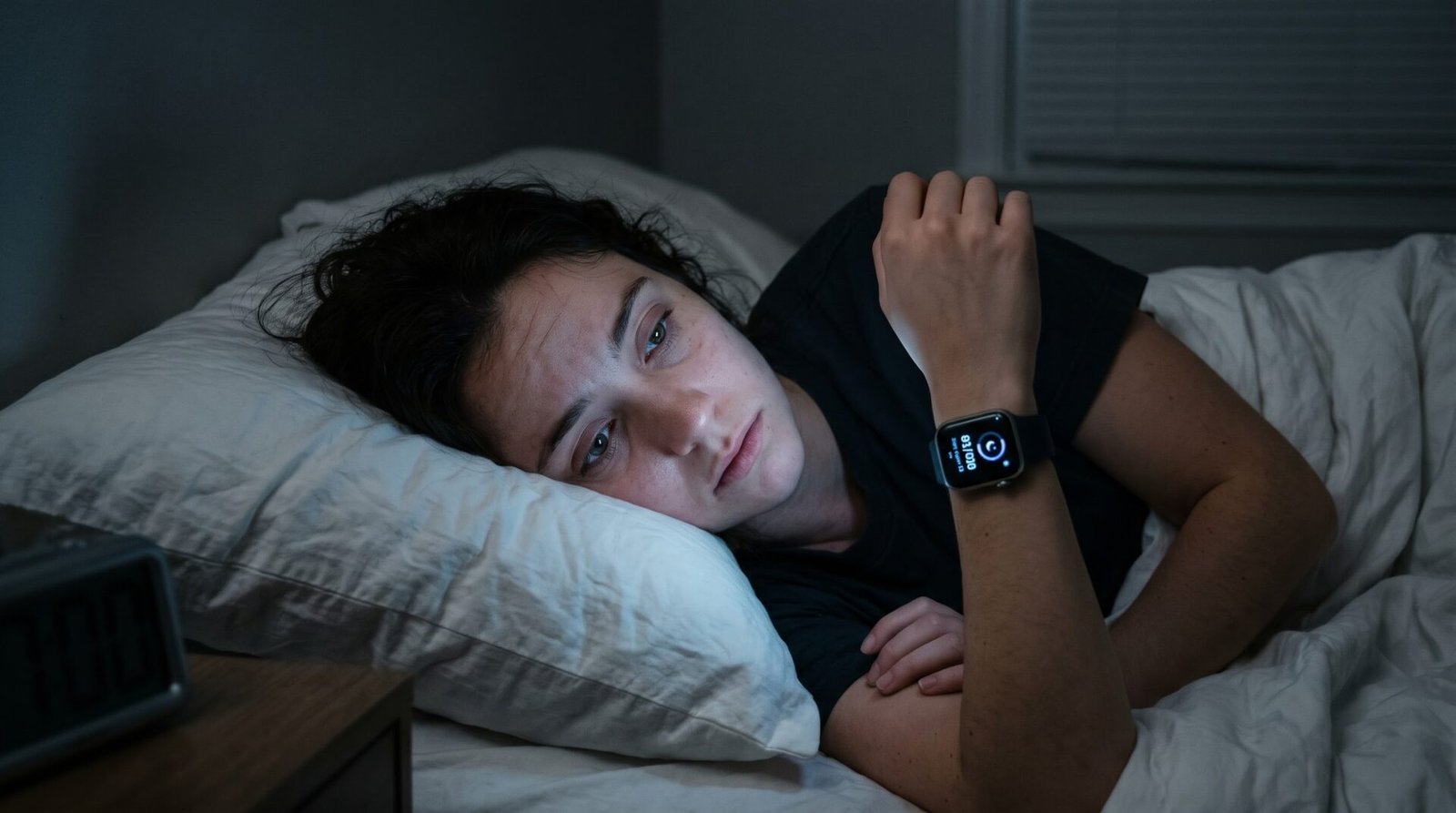 A young woman lying awake in a dark bedroom, anxiously checking a smartwatch sleep score of 61, illustrating the phenomenon of orthosomnia caused by sleep tracker anxiety.