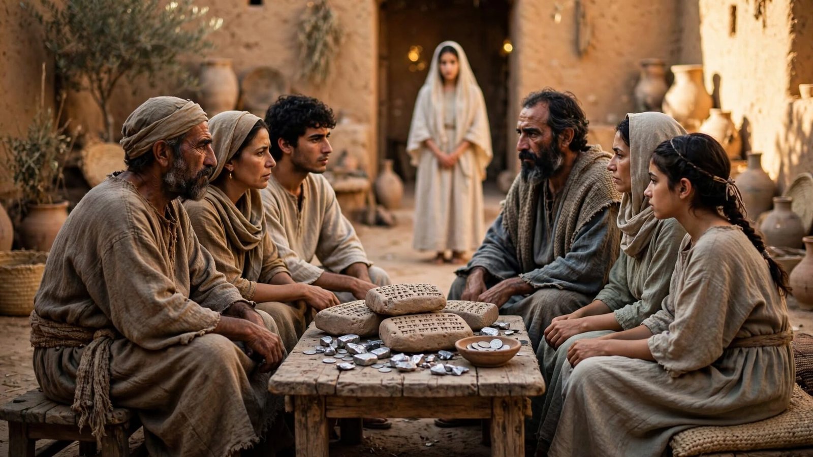 Two ancient families negotiating a marriage contract in a sunlit courtyard while the bride waits quietly