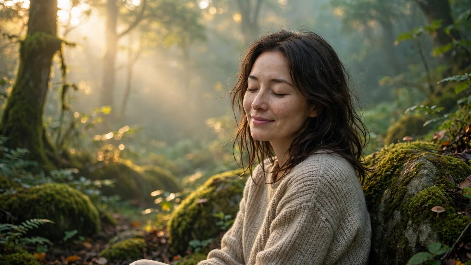 A calm woman sitting on a mossy rock in a sunlit forest, enjoying the wellbeing benefits of nature