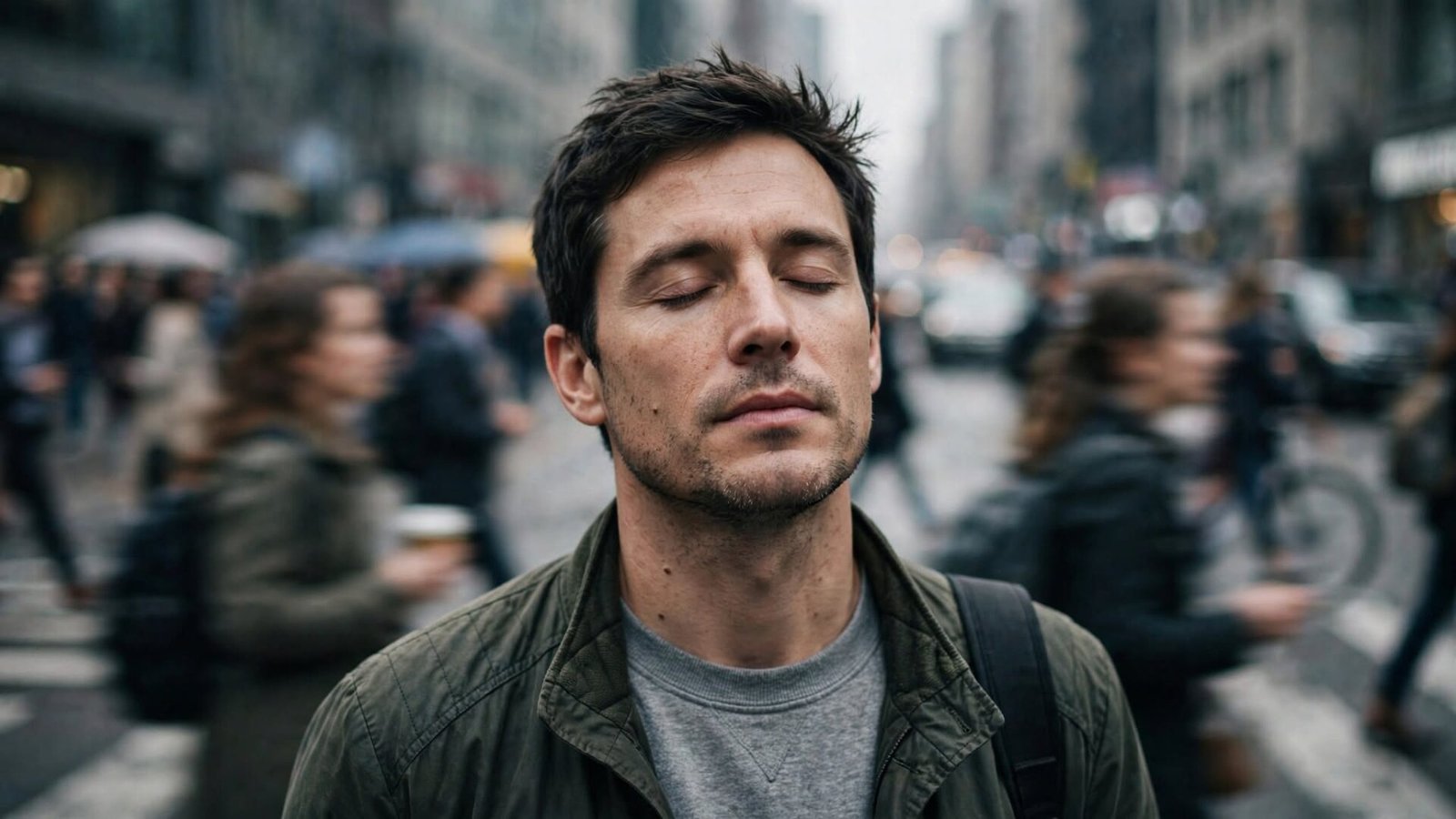 A calm man pausing to breathe in a busy city street while people rush past him, showing how some people stay composed under pressure.