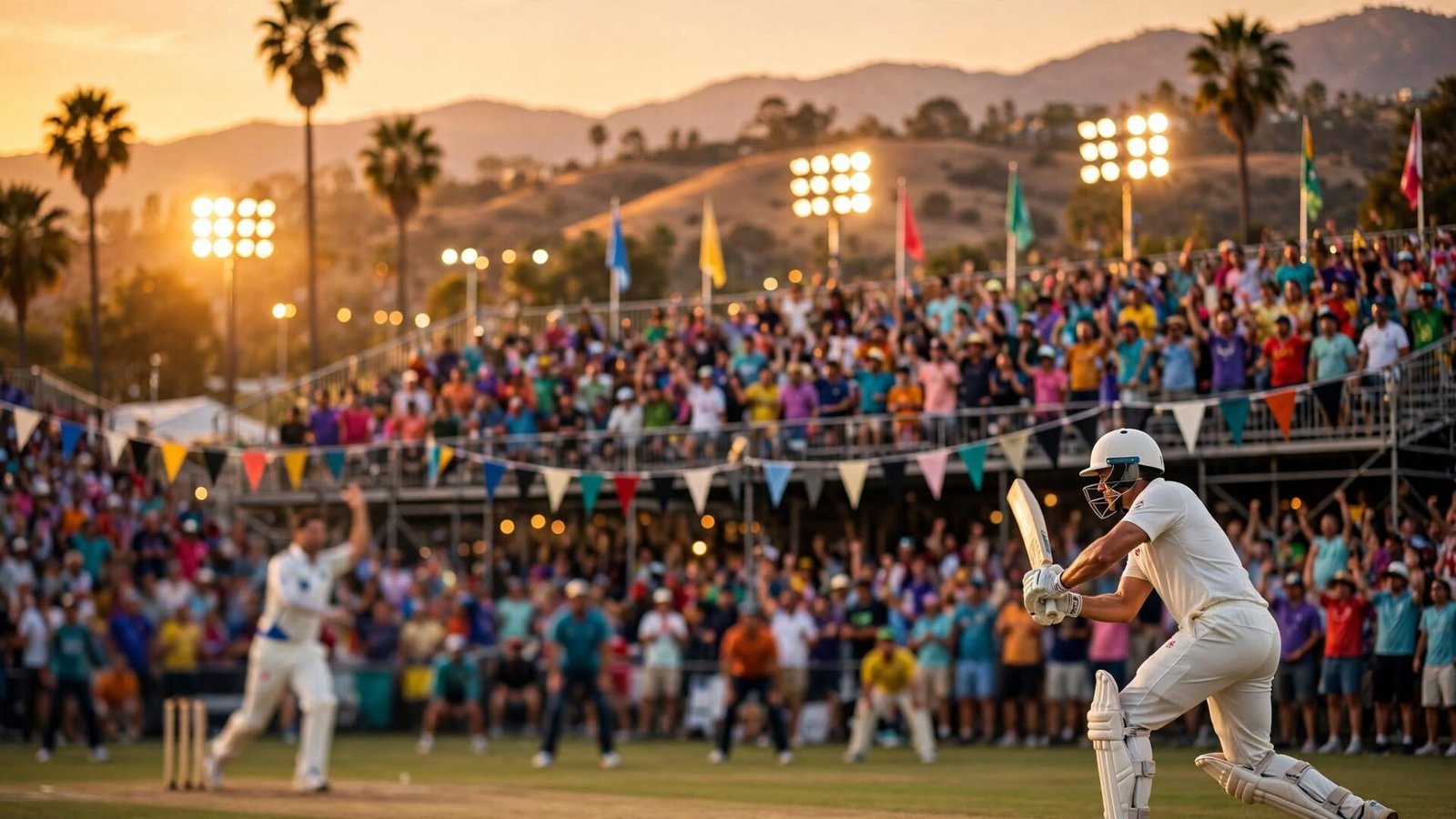 Batter playing a shot at a packed temporary cricket stadium in California at sunset, representing cricket at the 2028 Olympics.